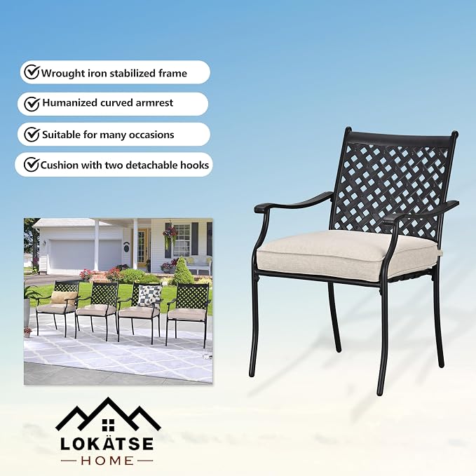 LOKATSE HOME Patio Dining Chairs Set of 4, Stackable Metal Wrought Iron Outdoor Chairs with Armrests & Thick Beige Cushions, All-Weather Heavy Duty Furniture for Garden, Backyard, Deck & Balcony