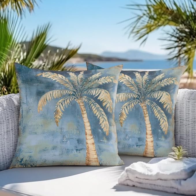 Coastal Beach Tree Blue Brown Outdoor Waterproof Pillow Covers, Vintage Summer Palm Tree Decorative Square Throw Pillowcase, Tropical Botanical Sofa Cushion Sham for Patio/Couch/Chair, 20"x20" 2 Pack