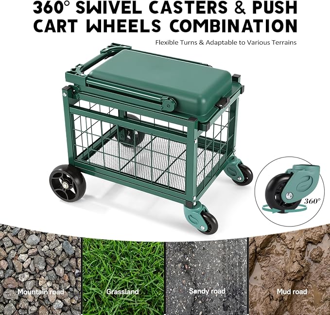 Garden Cart with Seat and 360° Swivel Wheels, Rolling Garden Work Seat with Workbench, Metal Storage Basket, and Tool Bag, Heavy Duty Gardening Carts and Wagons for Seniors