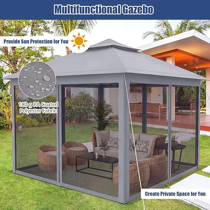 Tangkula 11x11 Ft Pop up Gazebo, 2-Tier Outdoor Patio Gazebo with Netting, Carry Bag, 121 Square Feet of Shade for Backyard, Deck, Poolside