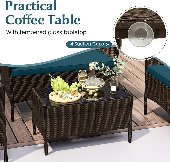 4 Piece Patio Furniture Set, Sectional Conversation Sofa Set with Glass Coffee Table, Cushions & Loveseat, Wicker Outdoor Table and Chairs for Pool, Garden, Deck, Backyard (2, Peacock Blue)
