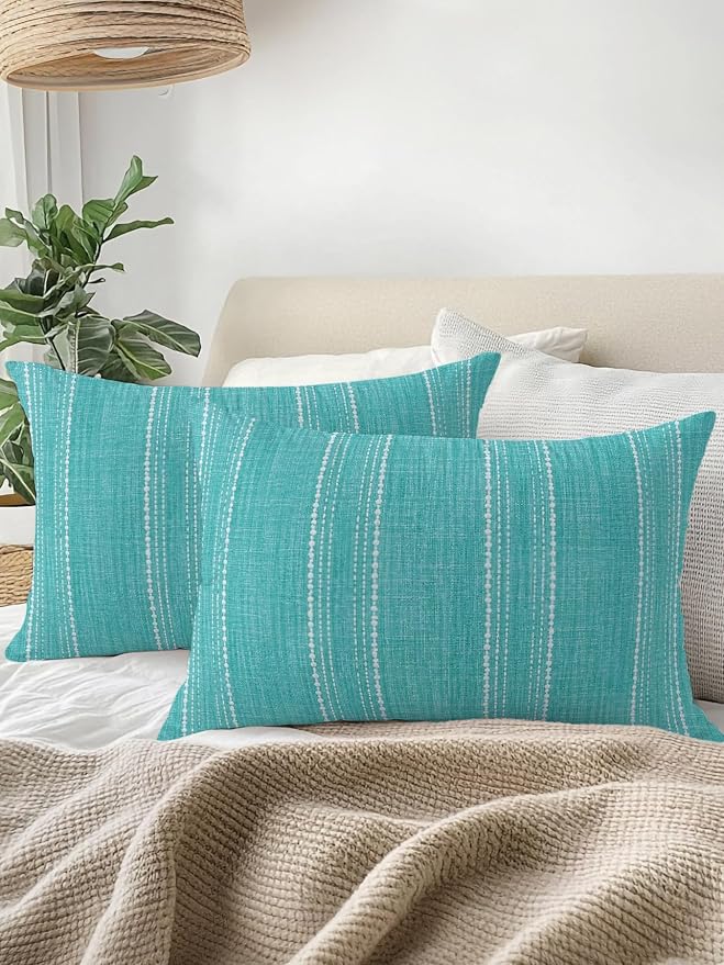 Waterproof Outdoor Pillow Set of 2 Aqua Linen Stripes Decorative Throw Pillows Cover & Insert 20x12 Inch Lumbar Pillowcase Parallel Vertical Lines Pillows for Couch Sofa Bed Patio Furniture