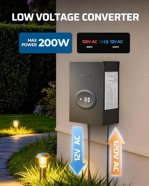 DEWENWILS 200W Low Voltage Landscape Transformer, Outdoor Weatherproof Transformer with Timer and Photocell Sensor, 120V AC to 12V AC for Landscape Lighting, LED Path Lights, Spotlights,ETL Listed