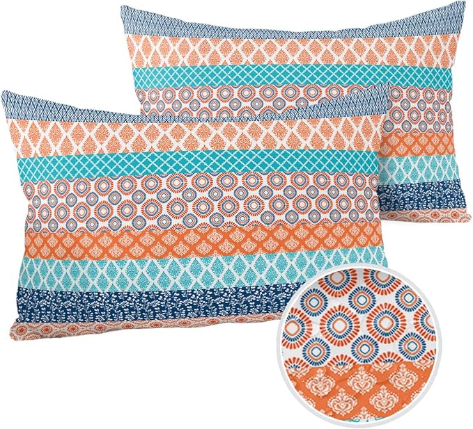 Outdoor Waterproof Pillow Covers Set of 2, Boho Geometric Floral Stripe Ethnic Turquoise Orange Blue Patio Throw Pillow Covers, Decorative Cushion Case for Couch Sofa Furniture Garden, 20x12 Inch