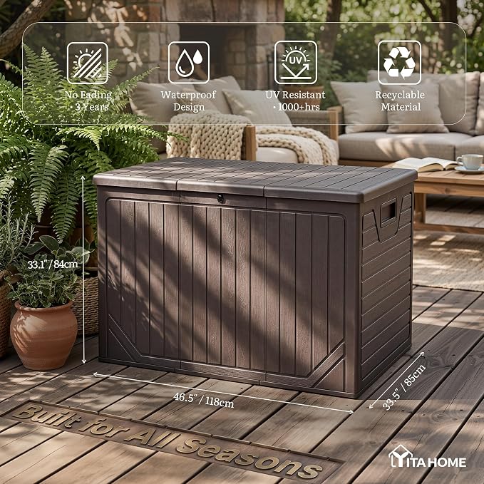 YITAHOME 230 Gallon Extra Large Outdoor Storage Box, Waterproof Double-WallDeck Box with Hydraulic Piston for Garden Tools, Pool Accessories & Cushions, Resin Deck Organizer with Bench Seat(Brown)