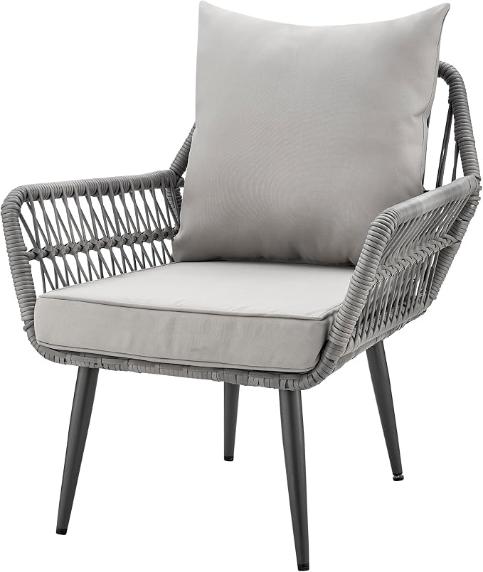 Manhattan Comfort Cannes 3-Piece Patio Conversation Set, Outdoor Furniture | Includes Modern Cushioned Rope Wicker Chairs & End Table, Removable & Washable Cushions, Tempered Glass Tabletop, Grey