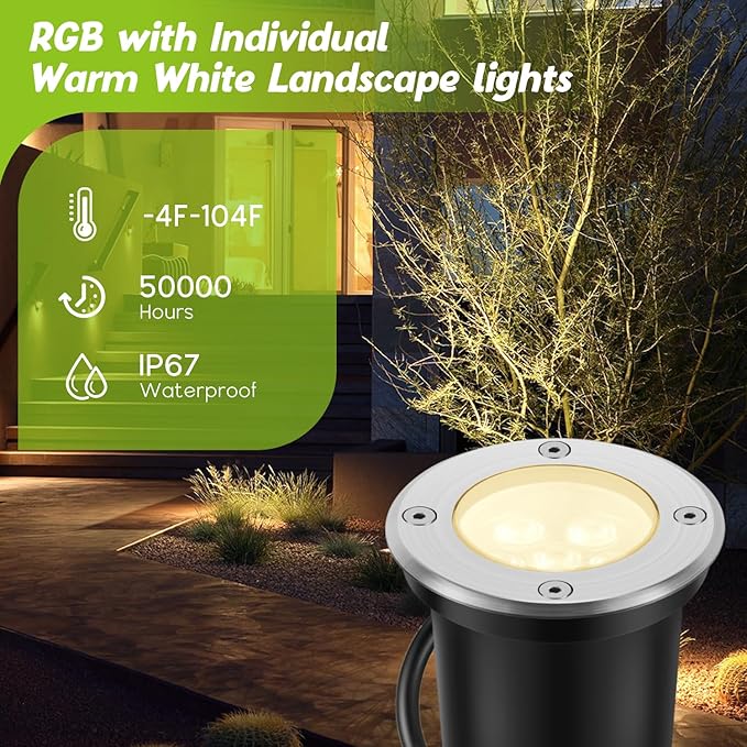 Junview Low Voltage Landscape Lights Christmas 10W RGBW Warm White LED Well Landscape Lighting Waterproof Outdoor 12V-24V Pathway Deck Ground Garden RGB Christmas Well Lights (12)