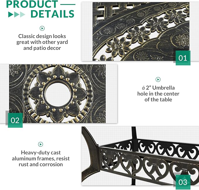VIVIJASON 7-Piece Patio Furniture Dining Set, All-Weather Cast Aluminum Outdoor Conversation Set, Include 6 Chairs and a Rectangle Table with Umbrella Hole for Balcony Lawn Garden Backyard