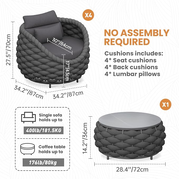 Front Porch Furniture 5 Piece Set: Aluminum Woven Rope Patio Conversation Sofa Set - Assembled Accent Chair Cushioned - Outdoor Armchair Couch Set for 400 lbs Deck Backyard Poolside Garden Hotel