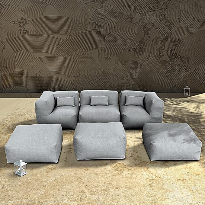 Dineli ANNYH CALALUNA 6Pc Patio Garden Furniture Sectional Conversation Set.Combines 1 Middle & 2 Corner Chairs, 3 Ottoman, Outdoor Exp Foam Filled Modular Contemporary Sofa (Dark Gray)