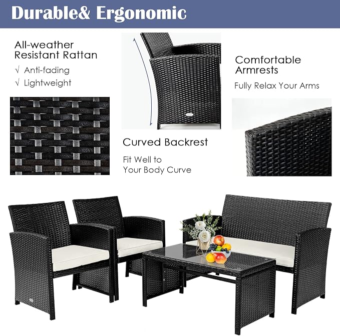 Tangkula 4 Pieces Rattan Furniture Set, Outdoor Conversation Set w/Chair & Loveseat & Tempered Glass Coffee Table, Suitable for Garden, Backyard, Poolside, Patio Furniture Set for 4 (1, White)