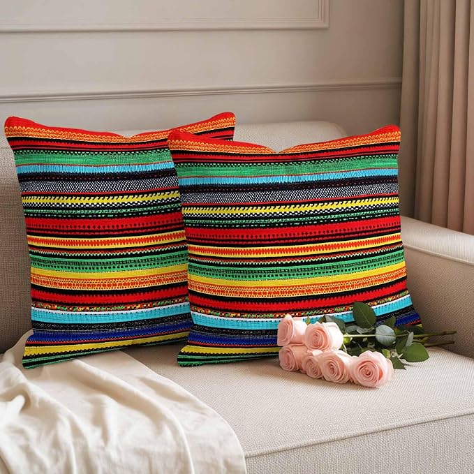 Colorful Stripes Outdoor Waterproof Throw Pillow Covers Set of 2, 18"x18", Mexican Aztec Abstract Ethnic Decorative Pillow Covers Outside Cushion Case for Patio Porch Garden