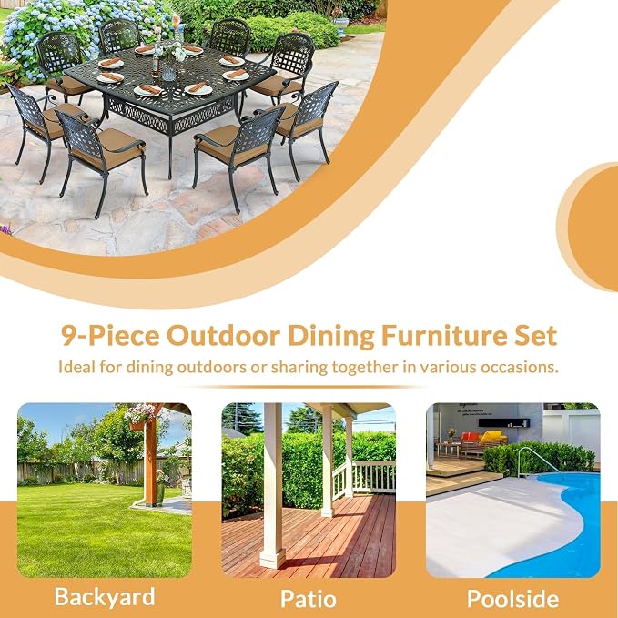 9 Piece Outdoor Patio Dining Set for 8, Cast Aluminium Large Square Dining Table & 8 Cushioned Stackable Chairs, Umbrella Hole, Patio Furniture Set for Garden Porch Poolside, Khaki