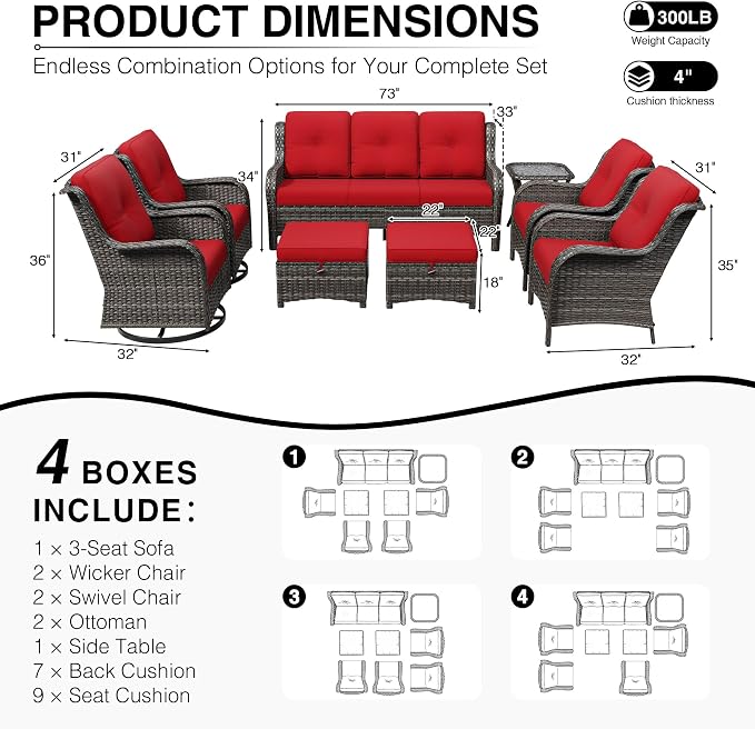 Joyside 8 Piece Wicker Patio Furniture Set, Outdoor Swivel Rocker Patio Chairs with High Back, Deep Seating, Wide Armrest, Thickened Cushions, Outdoor Furniture for Deck, Porch Use
