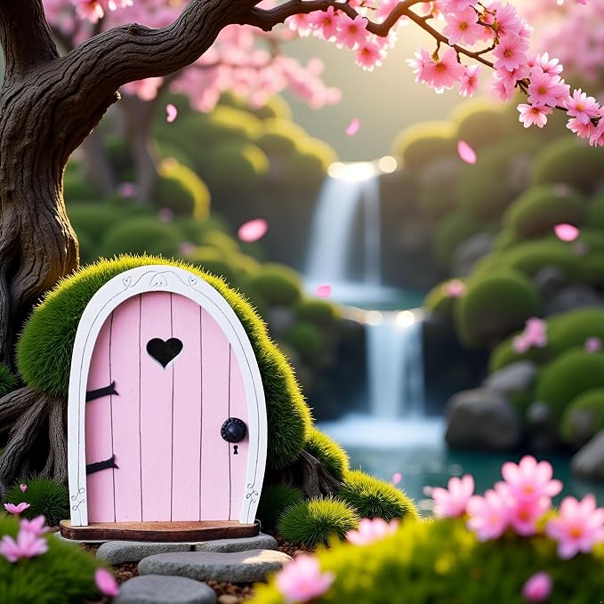 Jinshining Pink Streak Mini Fairy Garden Door for Tree, 3D Miniature Fairy Door for Fairytale Tiny House Doors, Bonsai Terrarium Micro Landscape Decoration Accessories Garden Miniatures