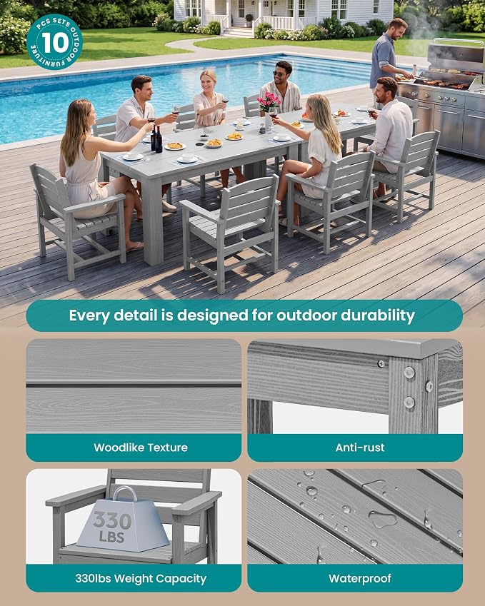 SERWALL 59" Outdoor Dining Set for 8, Light Gray | Include 2 Rectangular Tables and 8 Armrest Chairs, All Weather Dining Sets for Garden, Backyard