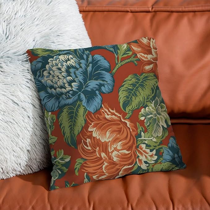 Blue Floral Chinoiserie on Orange Throw Pillow Covers Peony Chic Asian Pillows 20x20 INRustic Accent Farmhouse Decor Pillow for Sofa Bed Chair Car