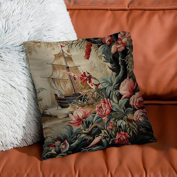 Moore Manor Antique Chinoiserie Pillow Cover Vintage Boats and Flowers Throw Pillow Cover Abstract Outdoor Waterproof Decorative Pillow Cover for Patio Couch Bench 26x26 in