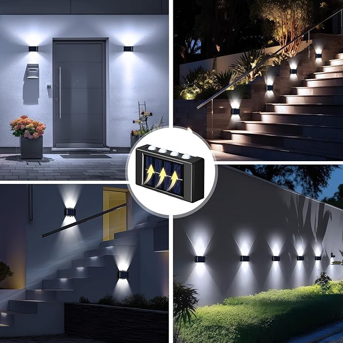 Rossesay 8 Pack Solar Wall Lights for Outside 6000K Cold Solar Fence Lights Up and Down LED Autumn Outdoor Decorative Waterproof Lamps Dusk to Dawn LED Lighting Wall Sconces for Outside Deck Garage