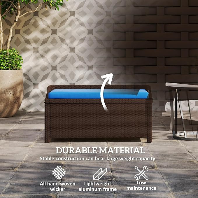 Outsunny Outdoor Wicker Storage Bench Deck Box, PE Rattan Patio Furniture Pool Storage Bin Container with Interior Waterproof Cloth Bag and Comfortable Cushion, Navy Blue
