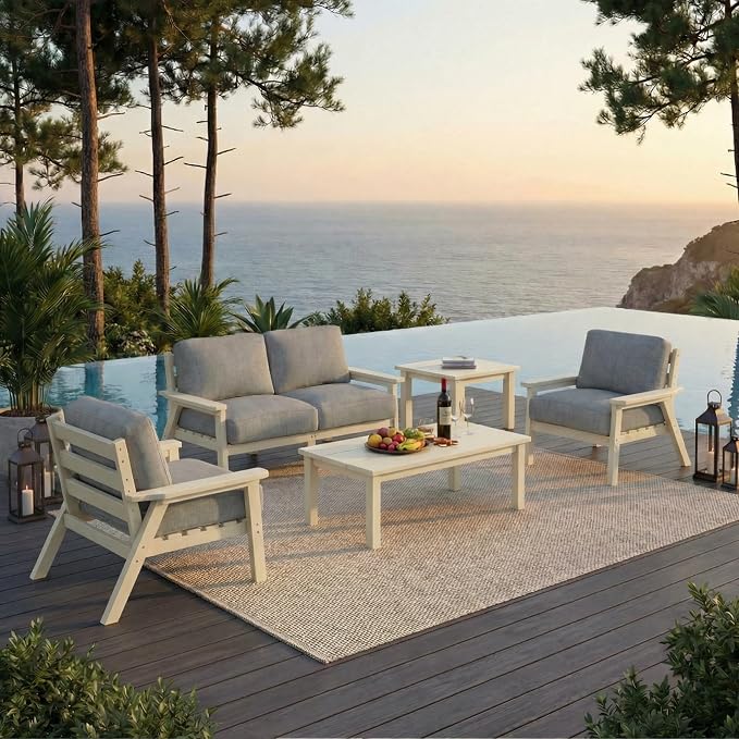 HDPE 6 Piece Patio Furniture Set, Outdoor Couch with Washable Thick Gray Cushions & Coffee Table & Side Table, Outdoor Sectional Furniture for Backyard, Deck, Lawn, Porch (White Frame)