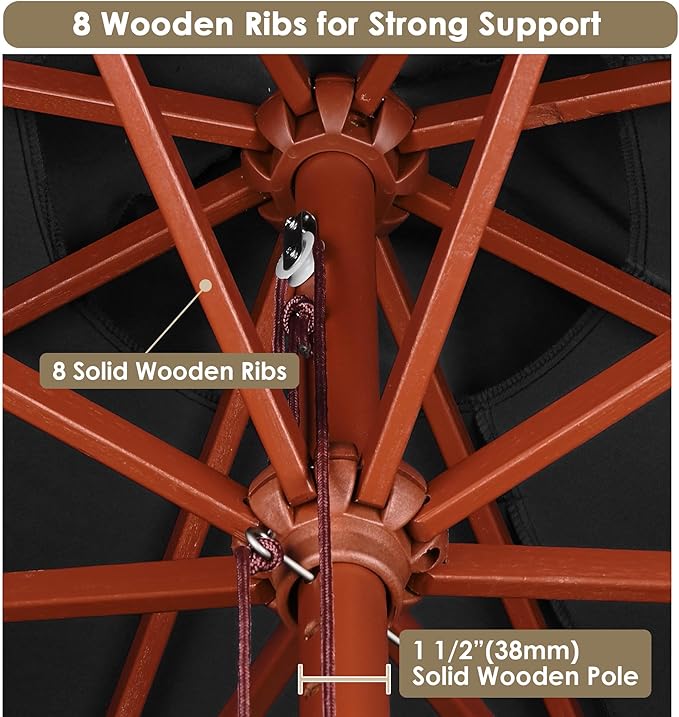 9 Ft Wooden Patio Umbrella 8 Ribs Table Parasol Rope Pulley Outdoor Garden Yard