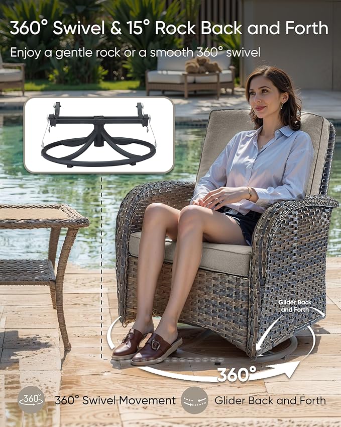 HUMMUH Luxury Patio Furniture Set with High Back Swivel Rocker Chairs & 3 Seater-Couch & Steel Fire Pit Table & Ottomans 7 Pieces Outdoor Conversation Set for Porch,Deck,Backyard