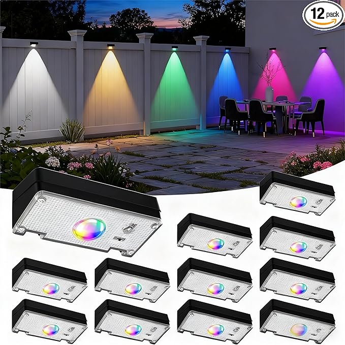 Solar Fence Lights,10 RGB Color Changing Modes,Solar Lights Powered Waterproof IP65,30 Hours Runtime,Easy Installation for Fence,Garden,Yard,Patio,Pool,Porch,Holiday Decor(12P)