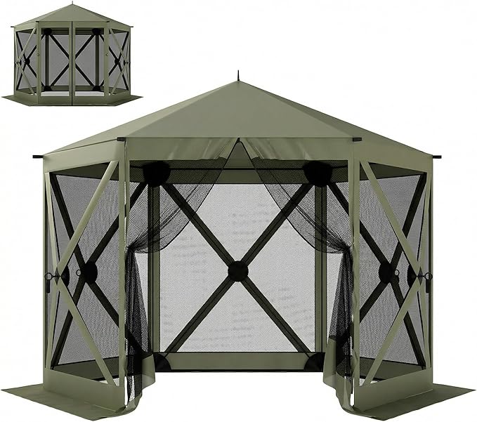 Outsunny 10 x 11 ft Pop Up Gazebo Screen Tent, Outdoor Portable Instant Camping Canopy Screen House Sun Shelter with Mesh Nettings, Carry Bag, Ground Stakes, Ropes for Patio, Backyard, Dark Green