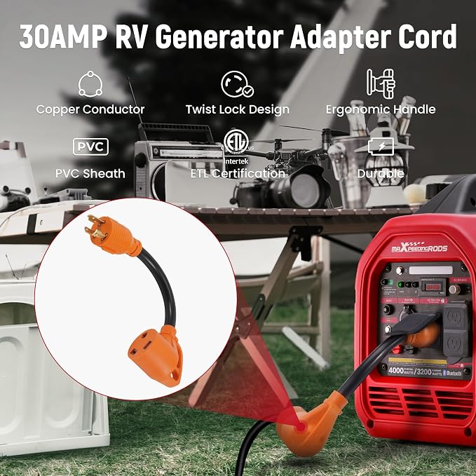 maXpeedingrods Portable 4000 Watt Inverter Generator with RV Adapter Cord 3 Prong 125V 30 Amp to 30 Amp, NEMA L5-30P to TT-30R