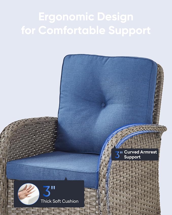 5 Pieces Outdoor Wicker Patio Furniture Set-High Back Outdoor Rocking Chairs Set of 2 with Ottoman Patio Conversation Sets for Deck Lawn Porch Balcony Poolside-Grey/Blue