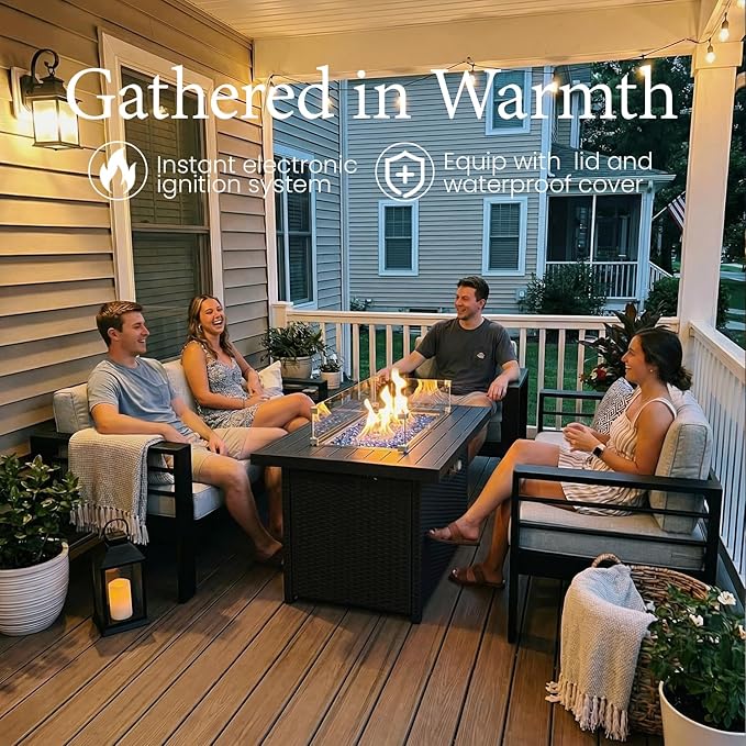 LayinSun Aluminum Furniture Set with Fire Pit Table, 4 Pieces Patio Sectional Conversation Chat Sofa Modern Seating Set