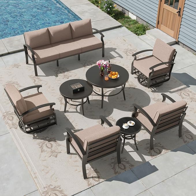 Aluminum Patio Furniture Set,7 Seats Outdoor Sectional with 2 Round Coffee Tables,Patio Conversation Sets w/5.1" Upgraded Thick Cushions for Backyard, Garden and Poolside,Sand