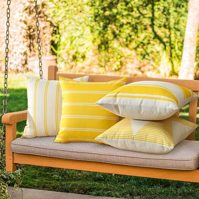 OTOSTAR Outdoor Waterproof Pillow Covers 18x18 Inch Set of 4 Geometry Linen Decorative Throw Pillow Covers Square Cushion Case Garden Throw Pillow Cases Pillows for Patio Furniture Couch Tent (Yellow)