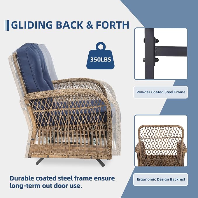 7-Piece Wicker Patio Furniture Sets Outdoor All-Weather Rattan Conversation Set Includes Glider Loveseat, 2 Glass-Top Coffee Tables, 2 Glider-Rocker Chairs for Porch Backyard, Navy Blue