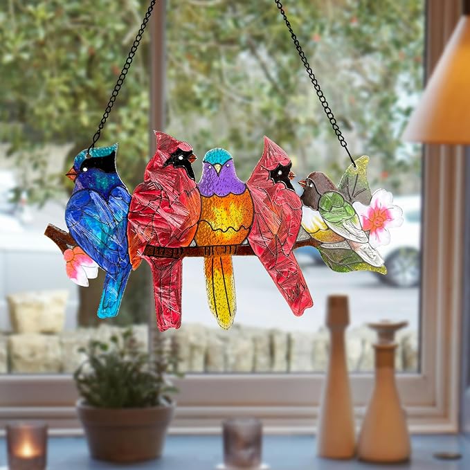 DASTOLL Stained Glass Window Hanging - Large Stained Glass Birds on Branch, Birds Sun Catchers Indoor Window with Chain and Hook Gifts for Bird Lover, Mom, Grandma, Stocking Stuffers for Women