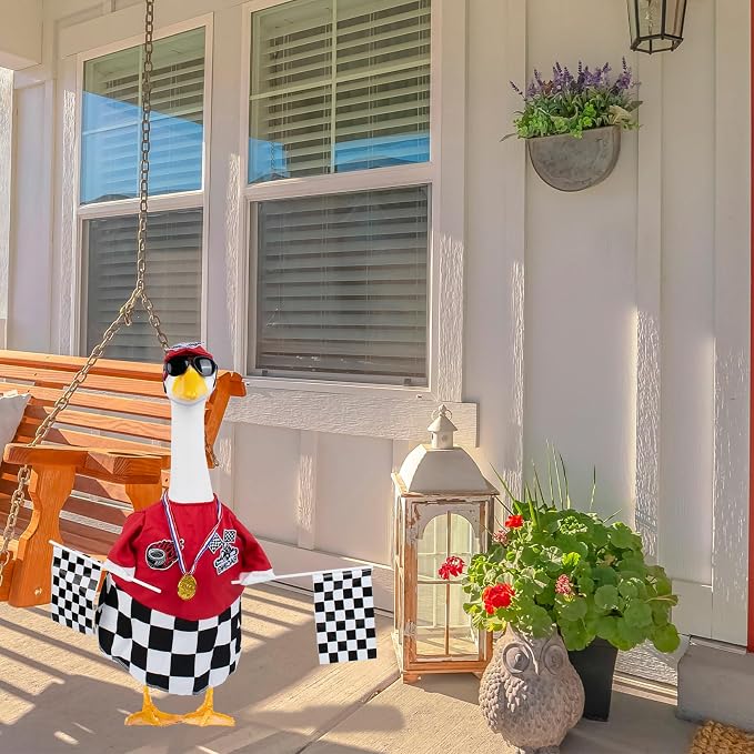 CAMDUCK Porch Goose Racing Outfits Race Car Driver Outfit Costume Racer Checkered Goose Clothes for Cement Lawn Geese