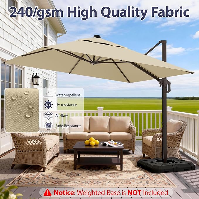 10' X 10' Patio Umbrella Cantilever Outdoor Rectangle Umbrella, Heavy Duty 360°Rotation Offset Umbrella for Garden Deck Pool Patio, Beige