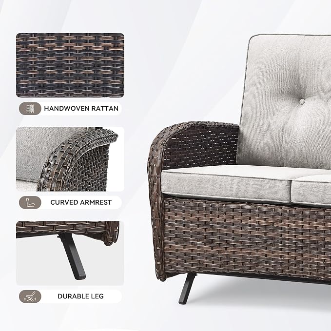 Patio Loveseat Wicker Loveseat Rattan Glider Sofa with Curved Armrest Thicking Back & Seat Cushions for Garden Balcony Backyard Brown Wicker|Beige Cushions (B) Patio Loveseat Glider