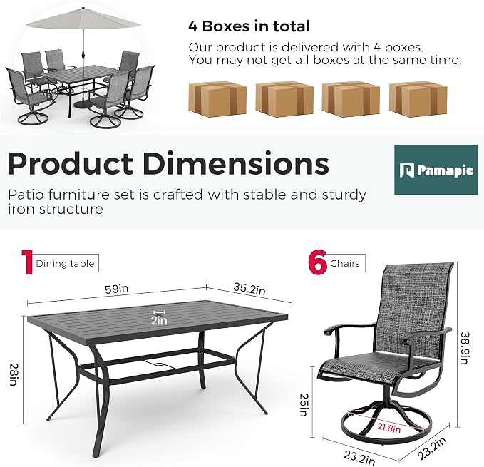 7-Piece Outdoor Dining Set, Patio Furniture Set with Textilene Swivel Chairs, Outdoor Table & 6 Chairs for Garden, Backyard, Poolside, Deck, Charcoal