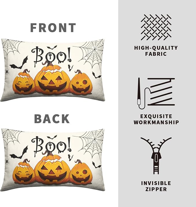 Happy Halloween Lumbar Pillow Covers 12x20 Set of 2 Pumpkin Bat Spider Web Waist Throw Pillow Covers Boo Pillow Halloween Rectangular Pillow Case for Home Decor Couch Outdoor