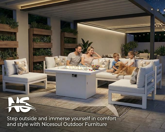 NICESOUL 17 Piece Extra Large Aluminum Outdoor Patio Furniture Set with Fire Pit Table & End Table, L Shaped Modern Sectional Couch, 29" Wide Deep Seating Conversation Sofa for Terrace, Light Gray
