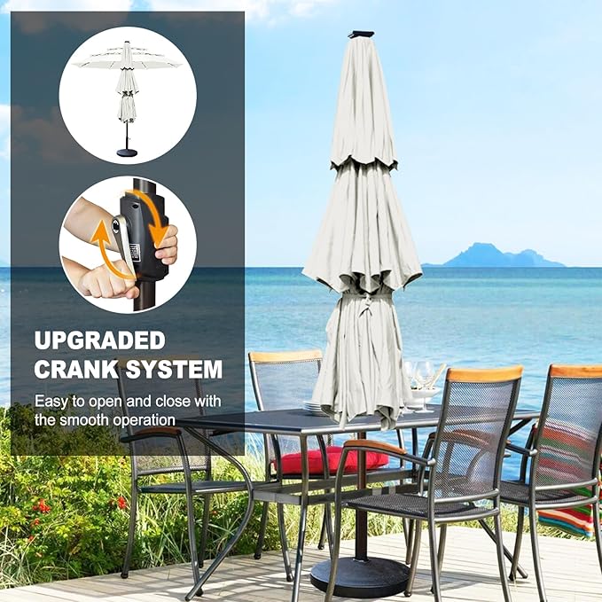 Eurmax USA 10-Year-Non-Fading 10FT 3-Tier Outdoor Patio Market Umbrella with LED Lights,UPF50+ UV Resistant,Commercial Grade,Crank Lift Design,Windproof Vented Top for Garden,Pool,Deck,Natural