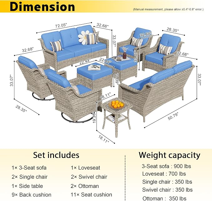 HOOOWOOO 9 Piece Patio Furniture Conversation Sets with Swivel Rocking Chairs,Outdoor Wicker Furniture with Ottoman,All Weather Resistant High Back Rattan Conversational Set(Diamond Blue)