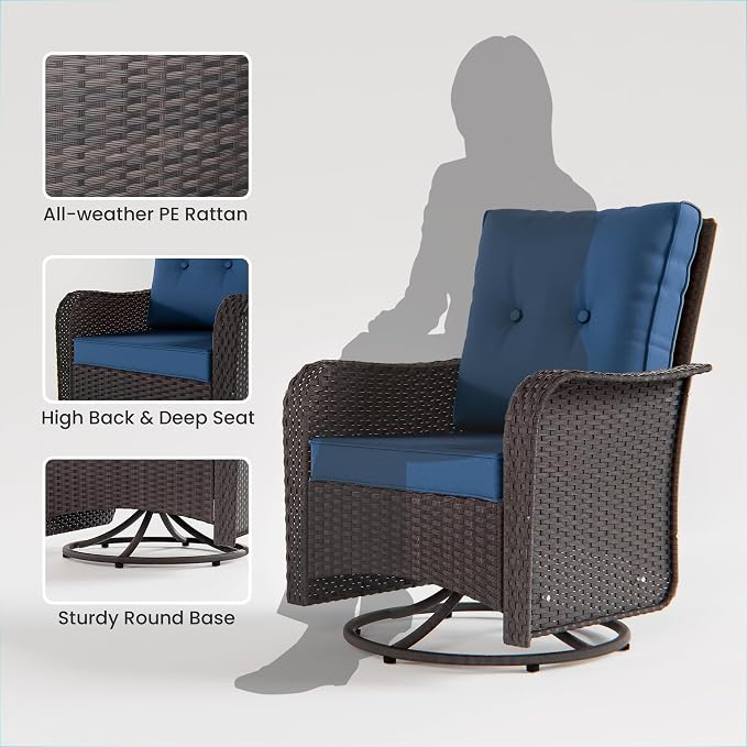 10 Pieces Outdoor Patio Furniture Set,Outdoor Sectional Furniture All Weather PE Rattan Wicker Patio Conversation Set with Coffee Table,Swivel Rocking Chairs Set,Navy Blue