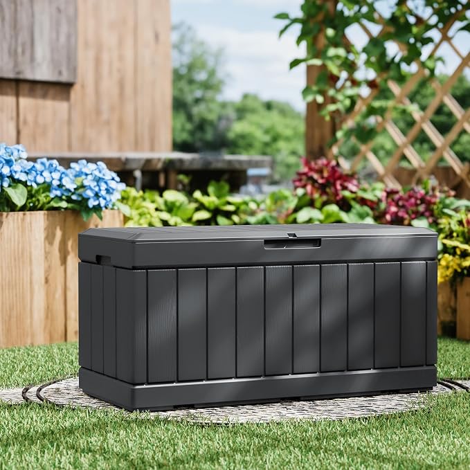 Greesum 82 Gallon Resin Deck Box All Weather Large Outdoor Storage for Patio Furniture, Toys, Garden Tools, Lockable, Dark Gray