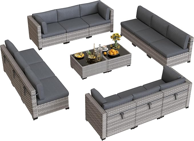 12-Seat Modular Patio Furniture Set – Outdoor Wicker Sectional Sofa with Thick 4″ Cushions, Dual-Strand PE Rattan, Rust-Resistant 18 mm Steel Frame, Backyard Garden Deck Lounge,Black