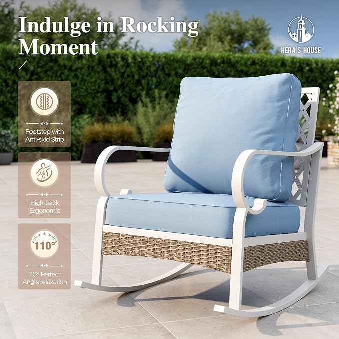 HERA'S HOUSE Patio Furniture Set with Metal & Rattan Design 4-Piece, 2 x Rocking Chairs, 1 x 3-Seat Sofa & Marble Coffee Table, All-Weather Outdoor Conversation Set for Garden Backyard Lawn, Blue