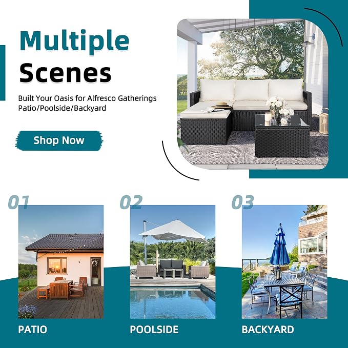 SUNLEI 3 Piece Patio Furniture Set, Outdoor PE Rattan Sectional Sofa Set with Ottoman, Detachable Cushions and Glass Coffee Table, Patio Conversation Set for Backyard Balcony Porch, Black/White