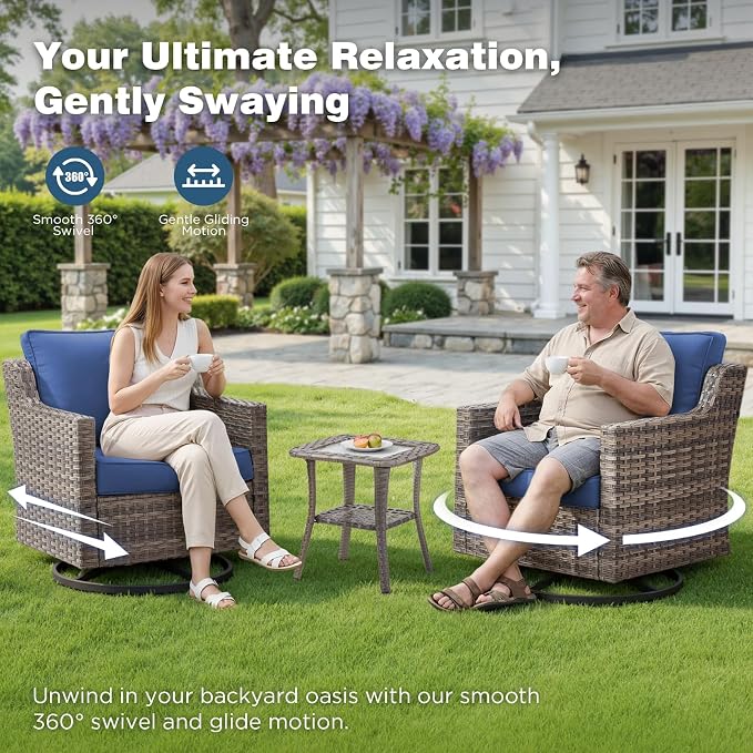 Belord Patio Wicker Swivel Rocker Patio Chairs with 3-Seater Sofa, Outdoor Rattan Chairs for Deck Porch Garden, 5 Piece Patio Conversation Furniture Set,Blue